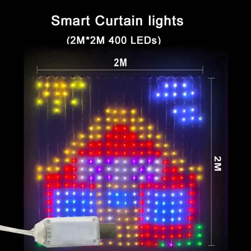 400Leds Smart Curtain Lights Bluetooth App LED String RGB Fairy Lights DIY Music Change Display for Window Bedroom Decoration