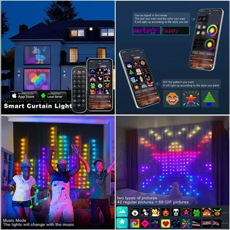 400Leds Smart Curtain Lights Bluetooth App LED String RGB Fairy Lights DIY Music Change Display for Window Bedroom Decoration